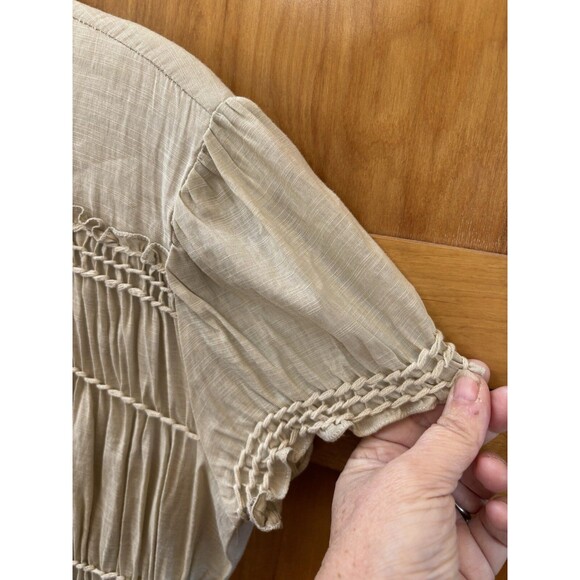 Max Studio Linen Ramie Blend Tunic top M Short Sleeve Smocked Button Khaki Brown - Picture 3 of 16